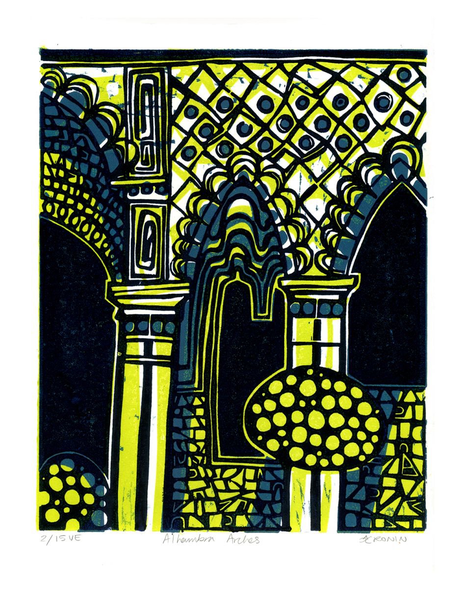 Alhambra Arches Linocut Hand Pulled Original Relief Print Variable Edition of 15 (lime) by Catherine Cronin