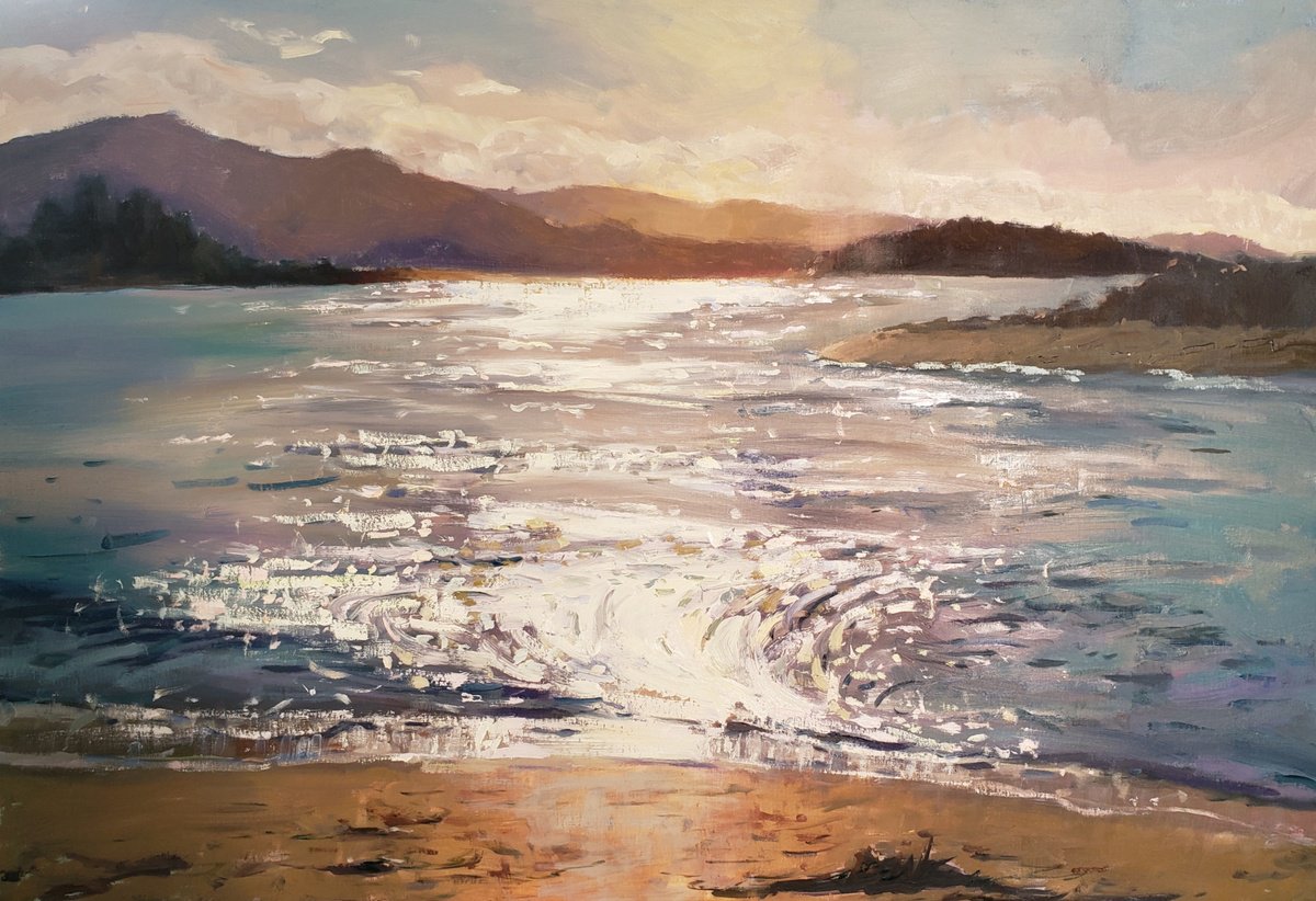 Impressionistic Landscape Oil Painting By Kristina Sellers, 36 X 24", Sparkling Cove, Original Artwork