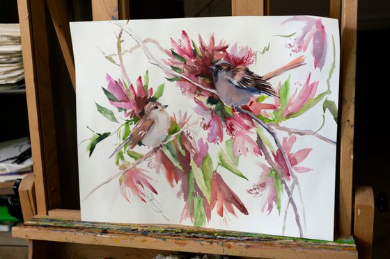 Sparrows and Spring Blossom