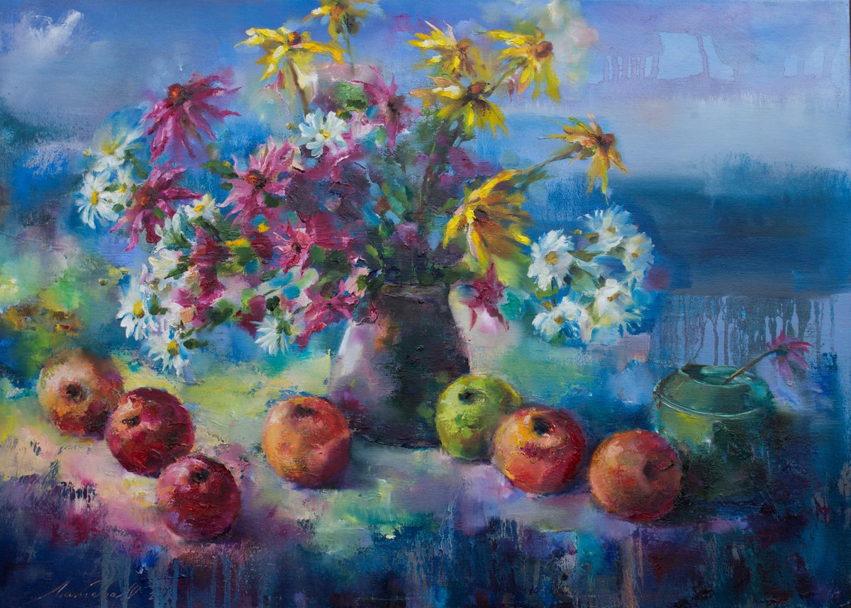 Red apples on blue by Olha Laptieva