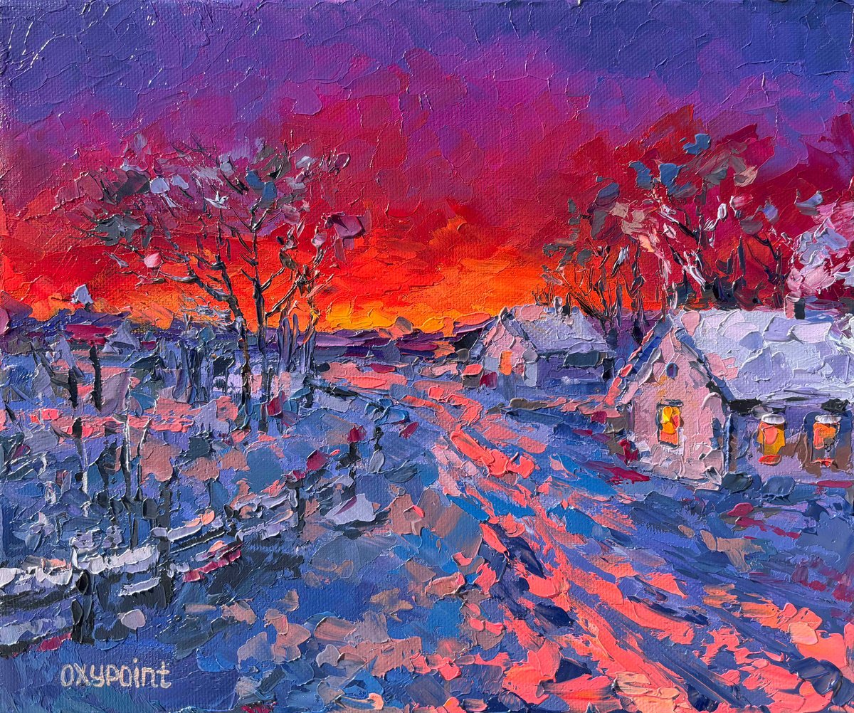 Impressionistic Landscape Oil Painting By Oxypoint, 12 X 10", "Blazing Horizon", Original Artwork
