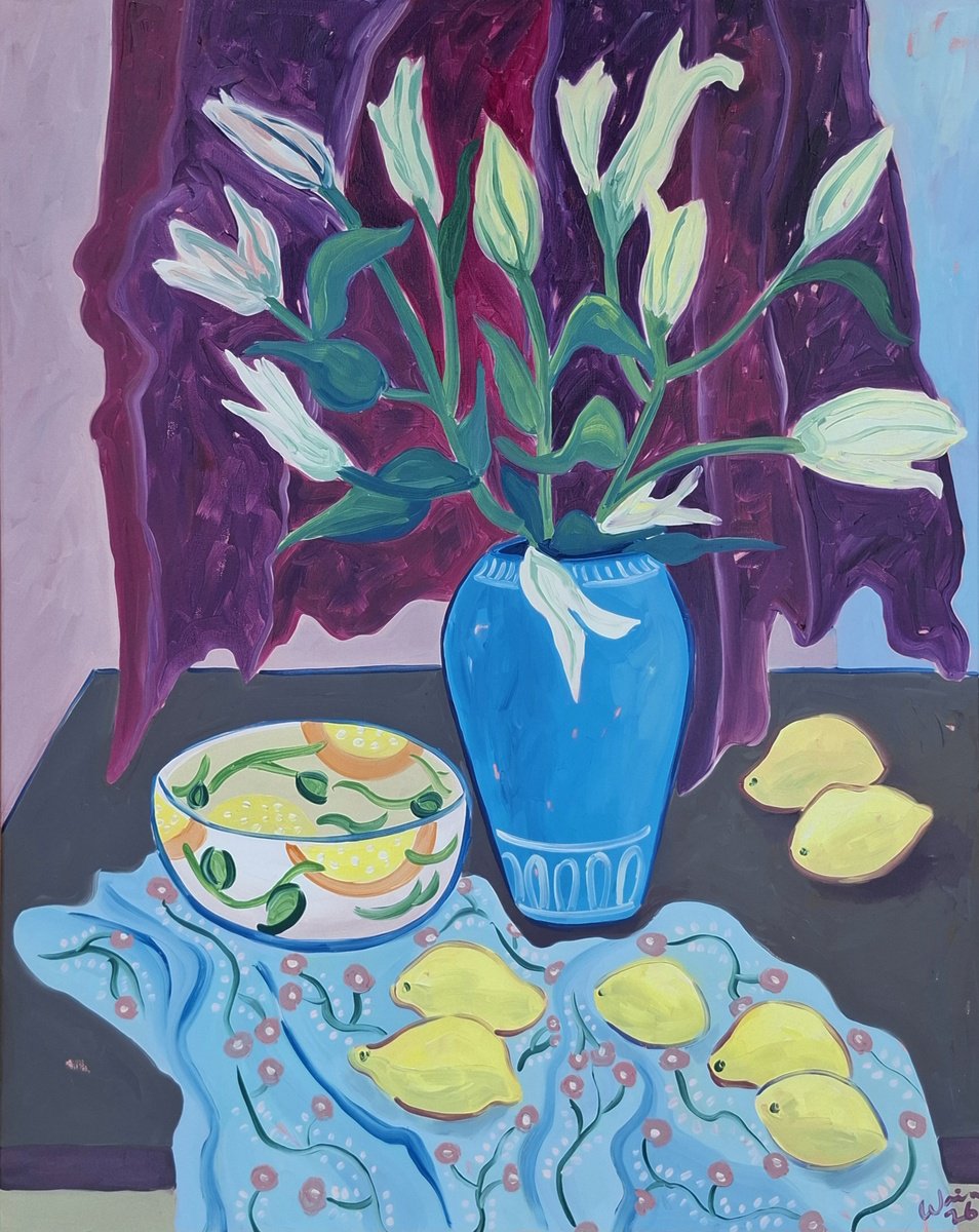 The Table With Lilies And Lemons By Kirsty Wain, 28 X 37, Artwork For Sale On Artfinder