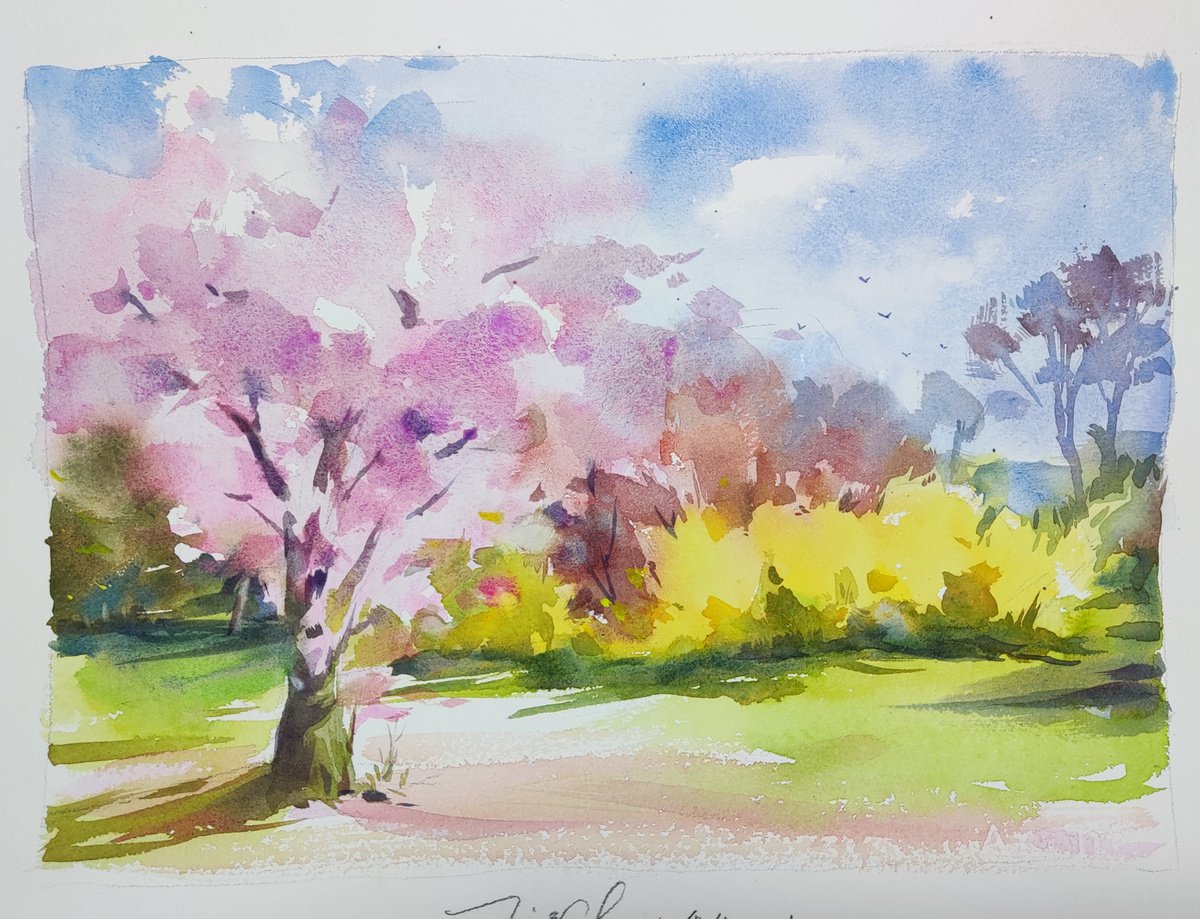 Impressionistic Landscape Watercolour By Jing Chen, 15 X 11, Cherry Blossom, Original Artwork
