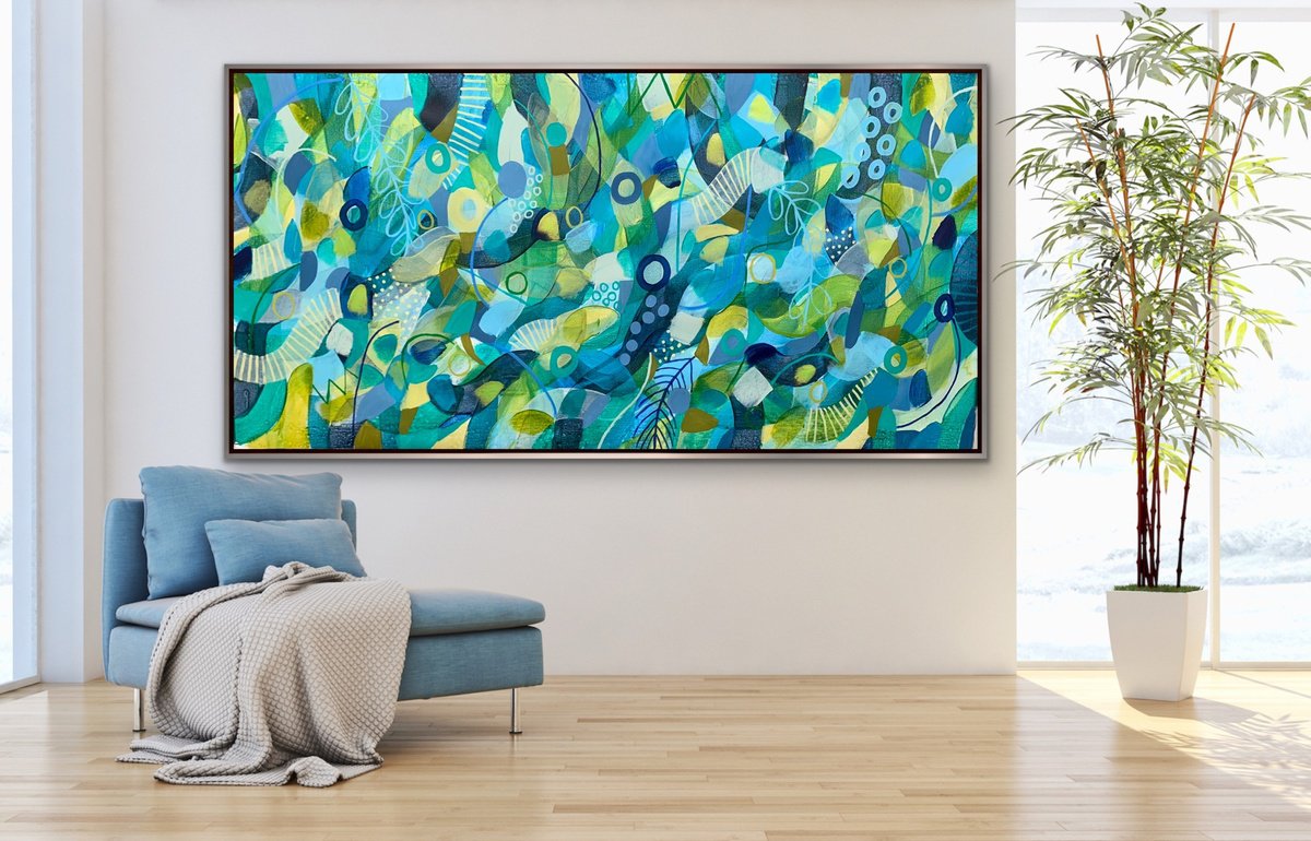 Organic Abstract Acrylic Painting By Rashna Hackett, 72 X 37", In The Haze Of Summer, Original Artwork