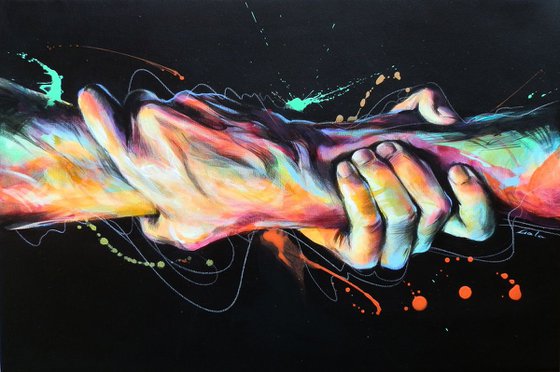 "Holding tight"  hands helping modern pop art abstract painting
