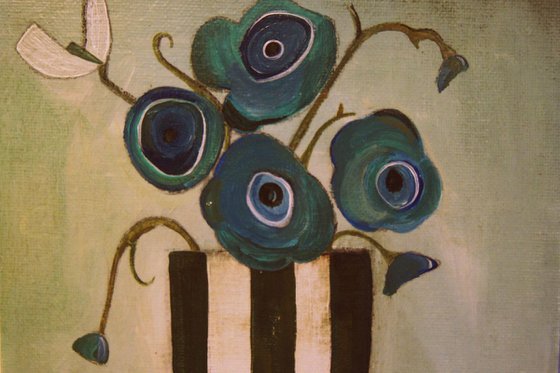 Blue Poppies in a Stripy Vase..