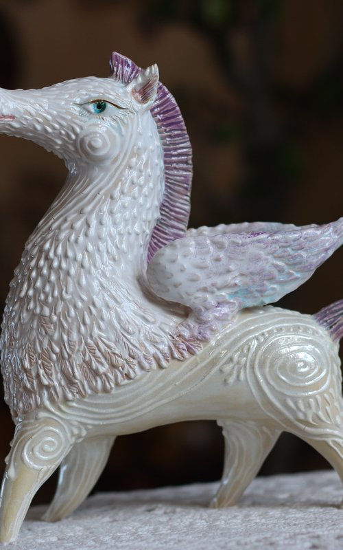 Pegasus in white. Winged horse. by Elya Yalonetski