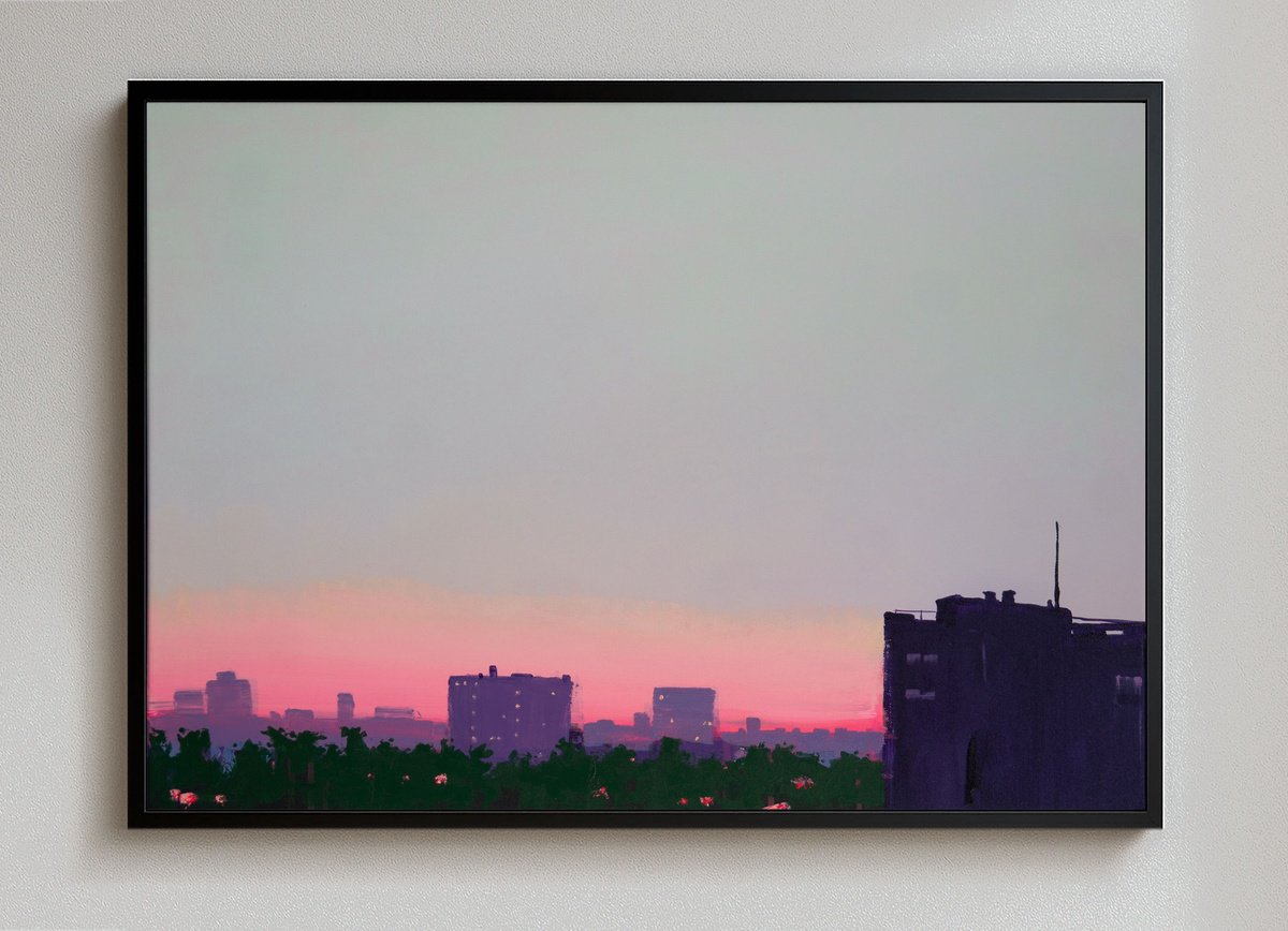 Impressionistic Landscape Acrylic Painting By Bohdan Katolyk, 28 X 20, City At Dawn, Original Artwork