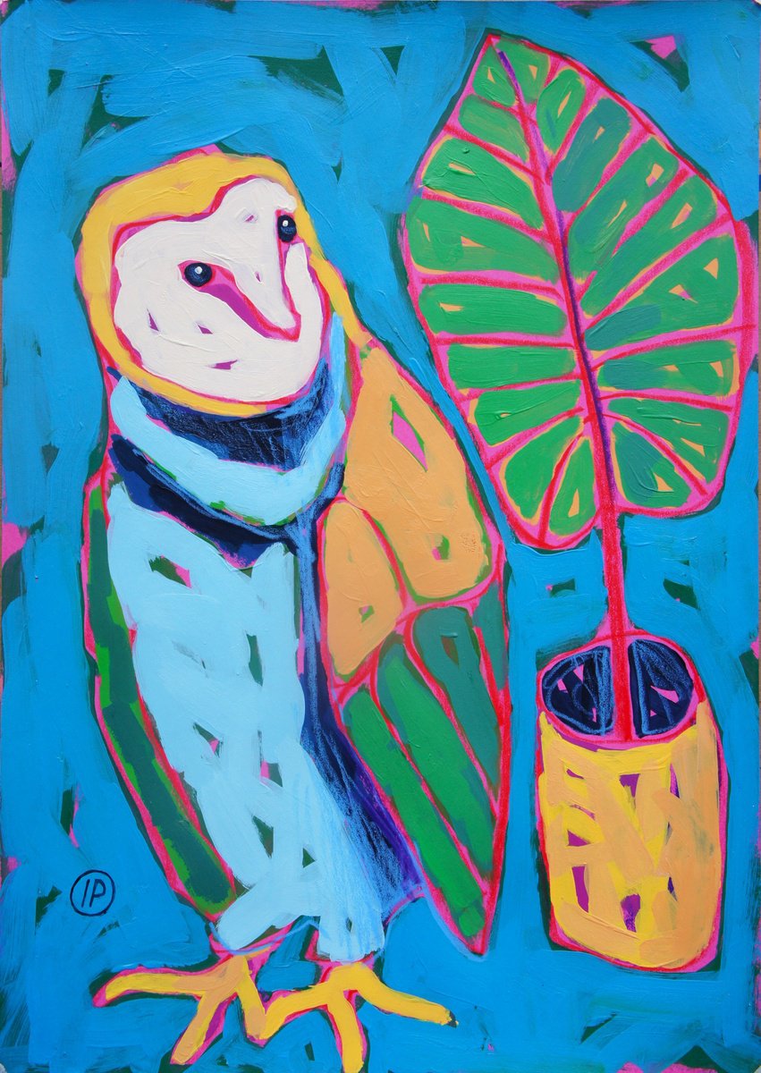 Impressionistic Animal Painting By Irina Plaksina, 8 X 12, Owl And Palm Leaf, Original Artwork