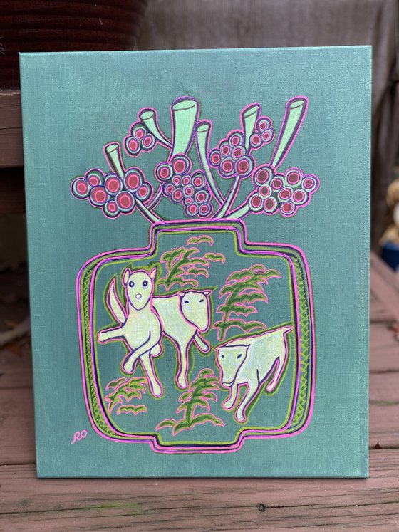 Vase with white dogs