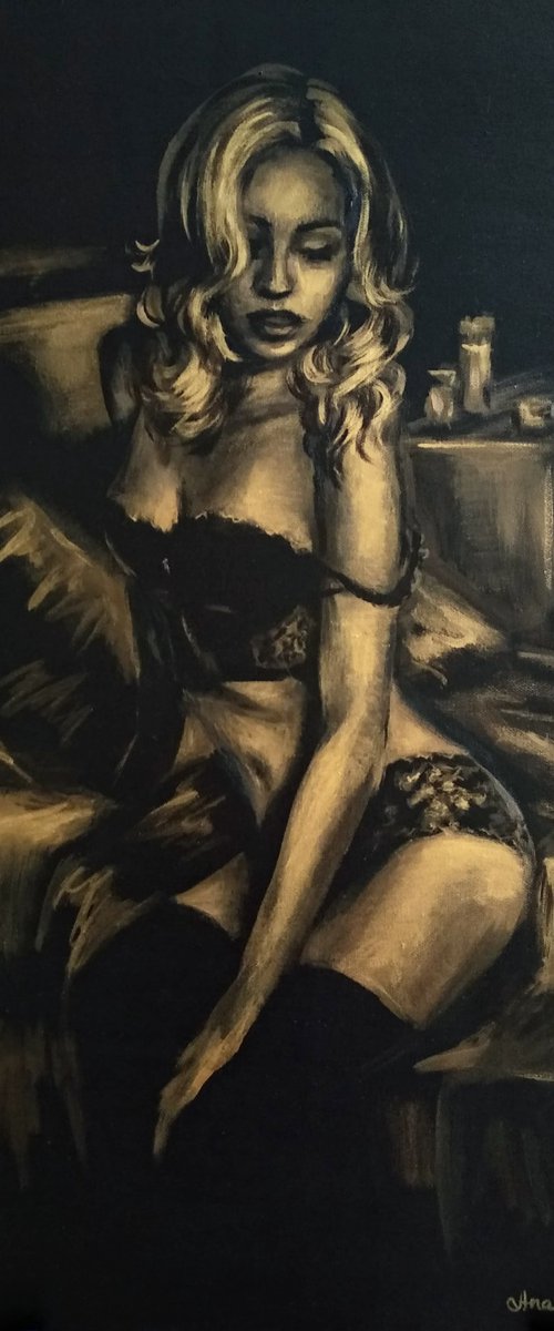 Erotic Art Sexy Woman Portrait Boudoir Scene Black and Gold Original Acrylic Painting by Anastasia Art Line