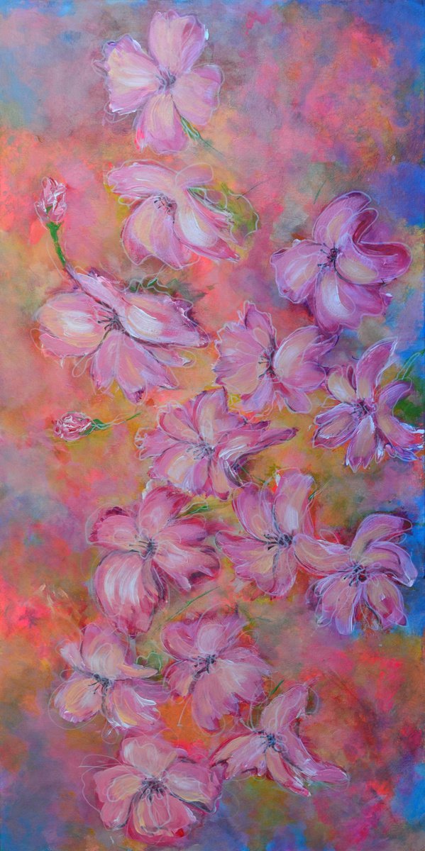 Impressionistic Botanical Acrylic Painting By Misty Lady - M. Nierobisz, 24 X 48", Misty Flowers, Original Artwork