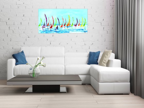 Happy Mess- Abstract- Colourfull Sailboat Painting- Large Acrylic Art Canvas Wart Art Ready to hang