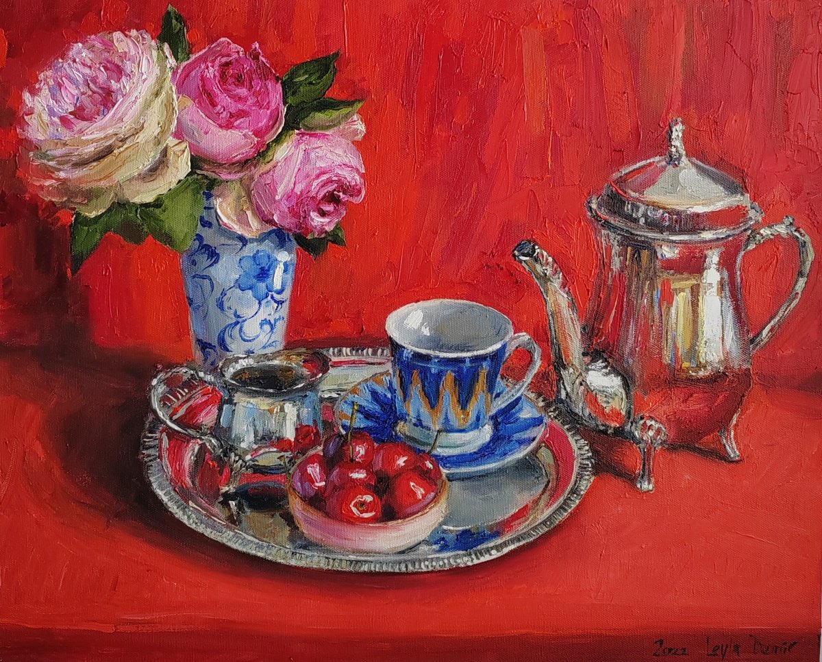 Pink roses bouquet with Antique teapot on red fabric still life oil painting by Leyla Demir