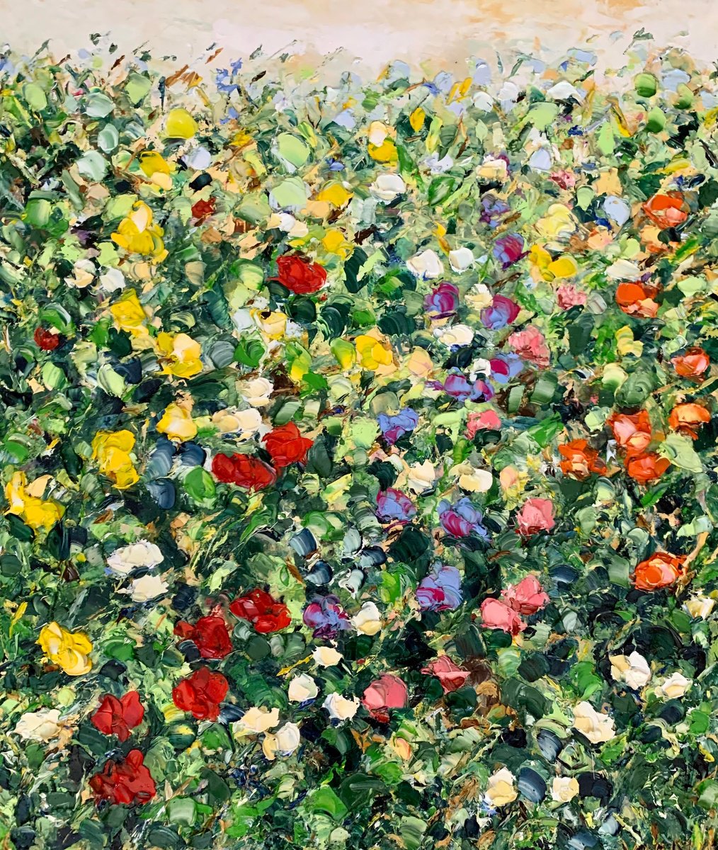 Abstract Botanical Oil Painting By Vilma Gataveckien?, 20 X 24", Colorful Flowers, Original Artwork