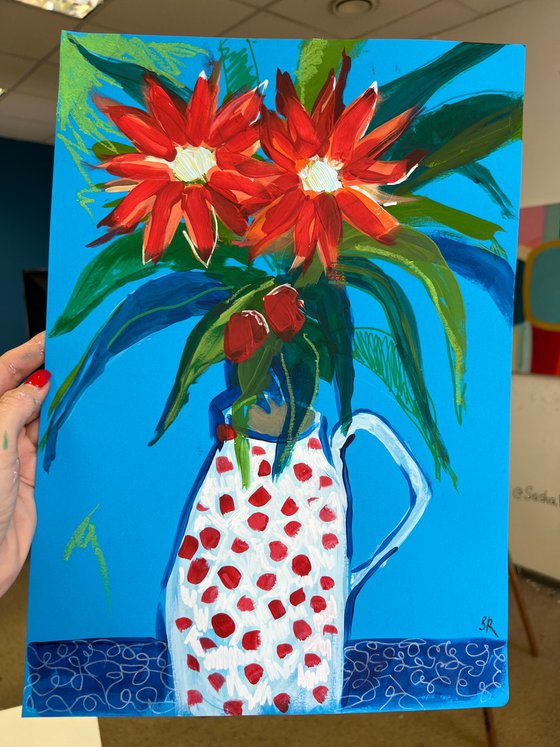 Red Flowers in Polka Dot Vase