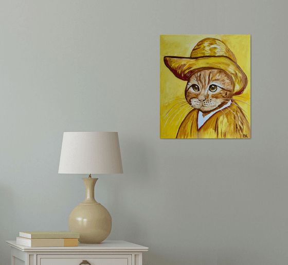 Cat in a straw hat with green eyes La Vincent Van Gogh