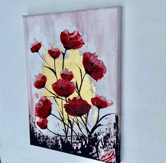 Red Poppies on Gold Leaf against a Pink Sky