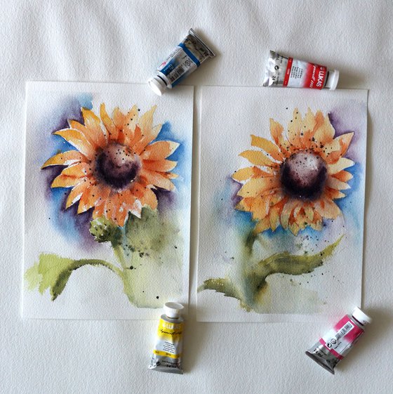 Set of 2 sunflowers (7"x10")x2 original watercolor paintings