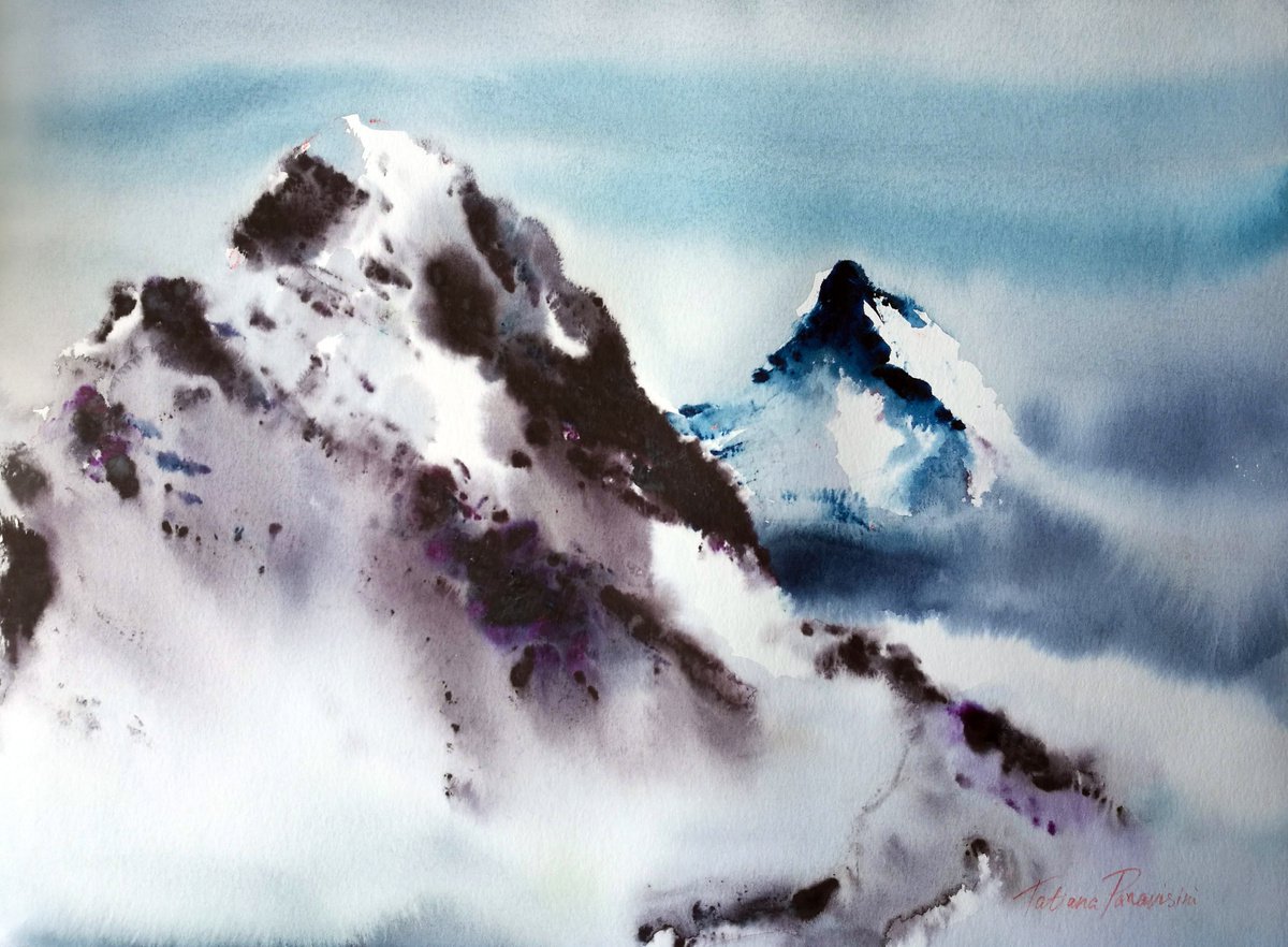 Impressionistic Landscape Watercolour By Tatiana Paravisini, 16 X 12", Snowy Mountains, Original Artwork