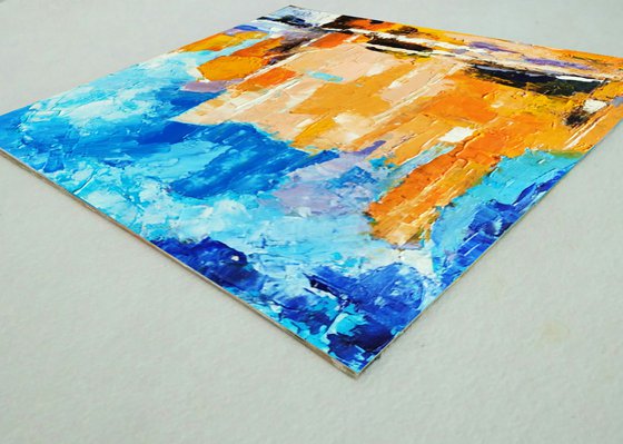 Reflections N 2, Abstract Painting Small Original Art Blue Orange Beige Artwork Multicolor Geometric Wall Art