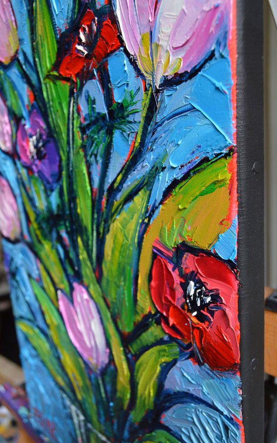 TULIPS AND POPPIES Modern Impressionist Impasto Palette Knife Oil Painting