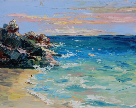 Landscape. Waves, sea, seacoast, mountains. Palette knife oil painting