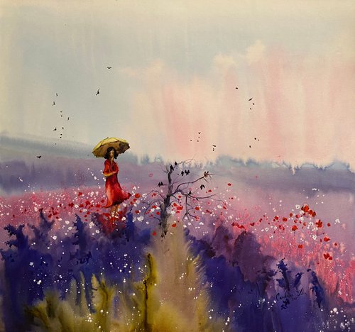 Watercolor “Beauty of lavender and poppies” perfect gift by Iulia Carchelan