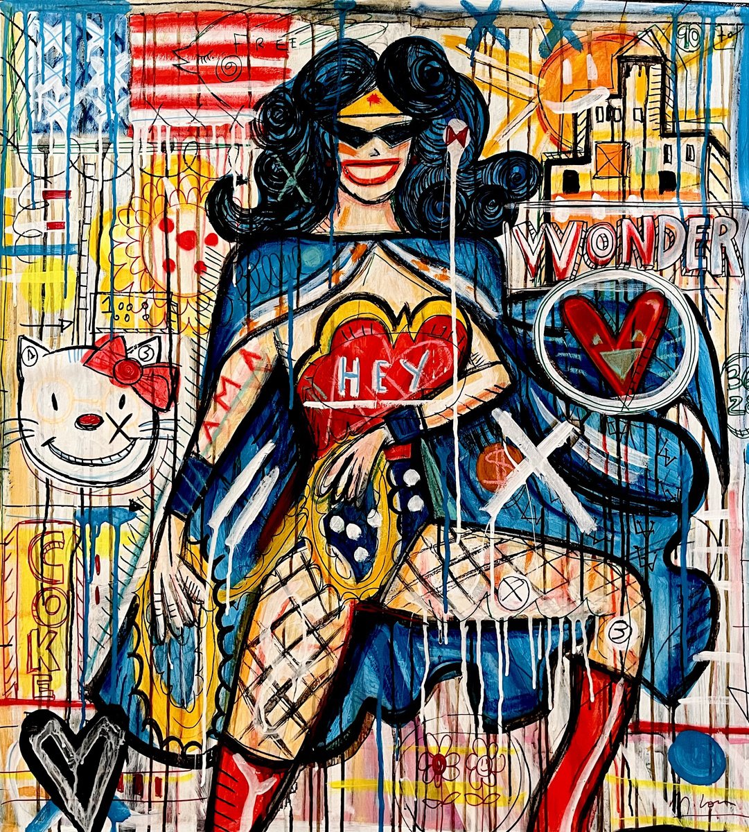 Urban And Pop Portrait Acrylic Painting By Mercedes Lagunas, 35 X 39", Hey Wonder, Original Artwork
