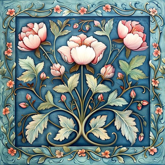 VINTAGE PINK FLOWERS ON BLUE