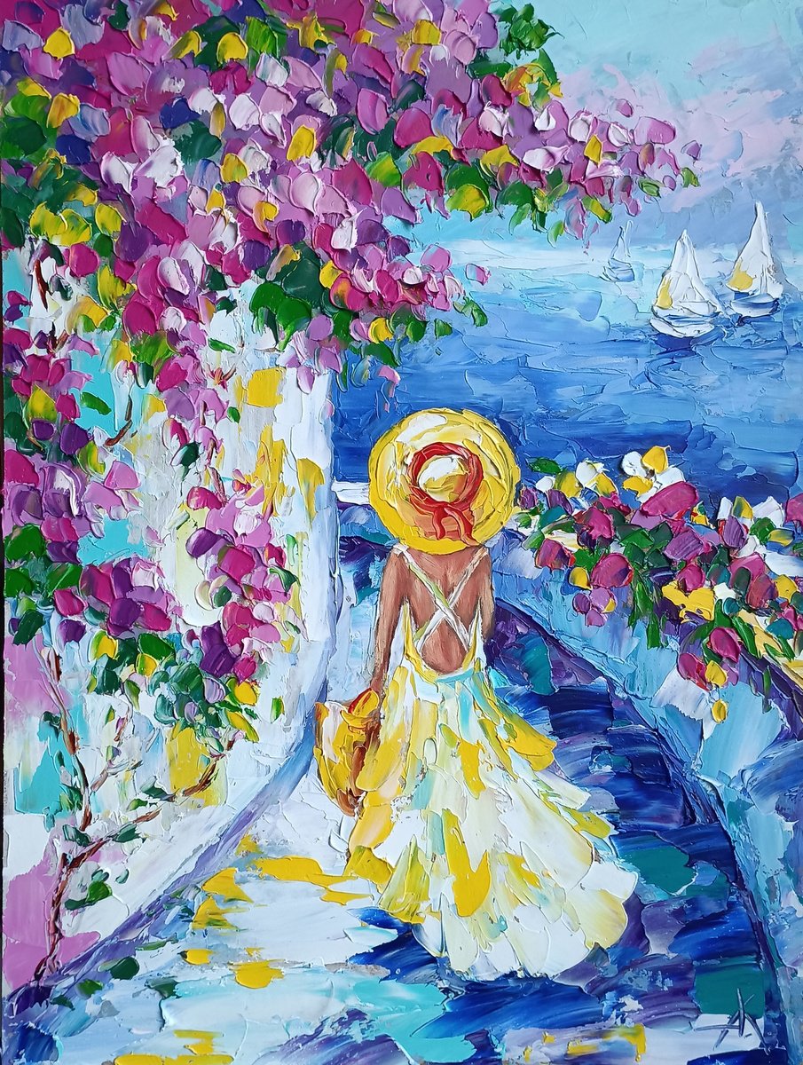 Waiting for him - landscape, oil painting, love, woman, sail, boat, sea, Greece, flowers by Anastasia Kozorez