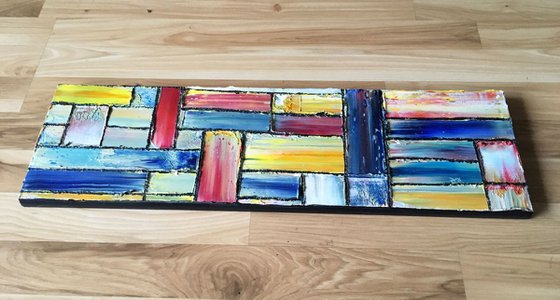 "Candy Crush" - Original PMS Abstract Oil Painting On Reclaimed Wood - 26" x 7.5"