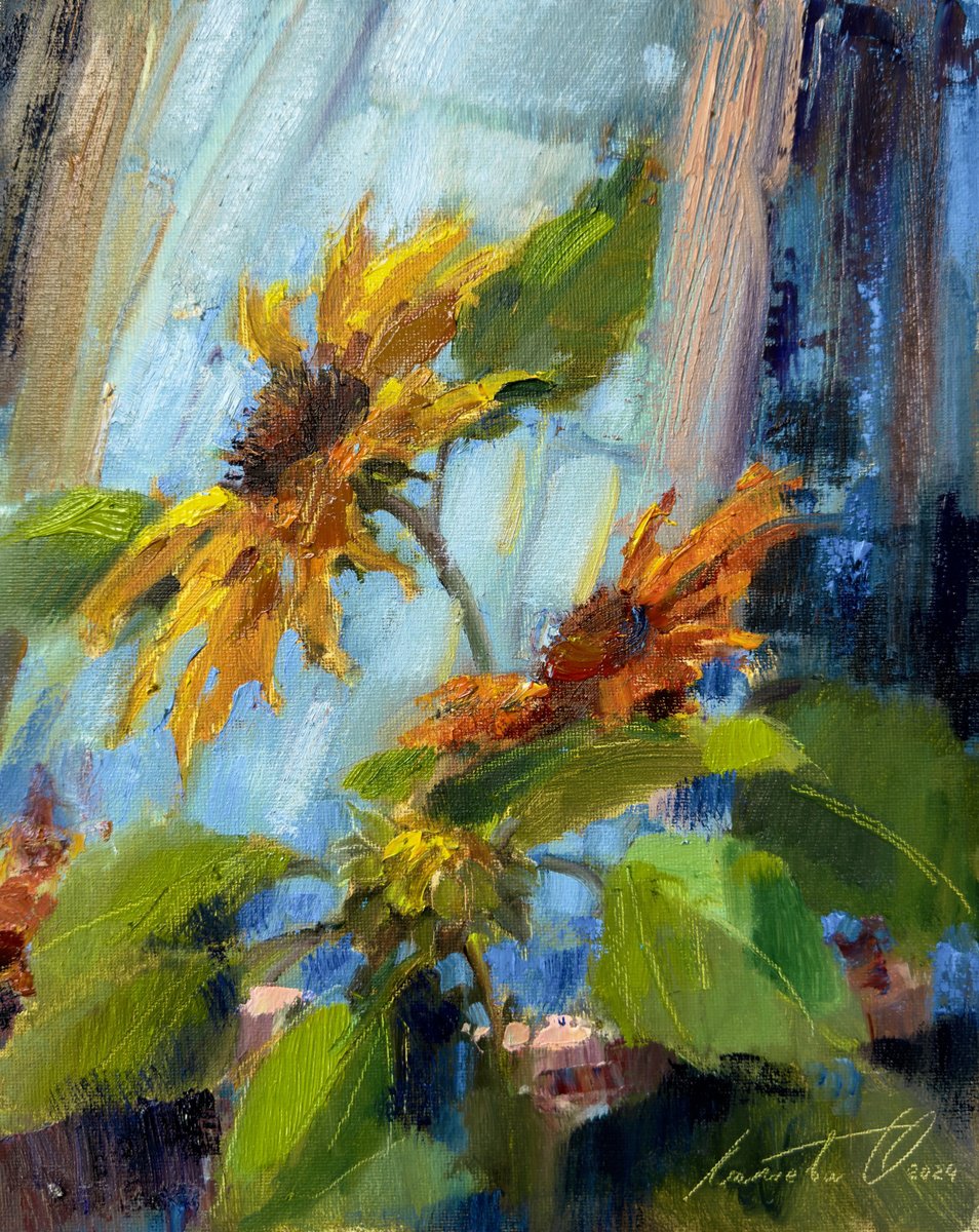Impressionistic Botanical Oil Painting By Olha Laptieva, 10 X 12", Sunflower On A Blue Background, Original Artwork