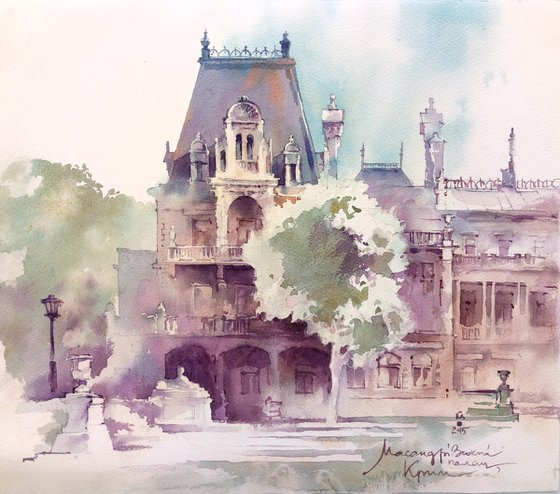 "Massandra Palace in Yalta" original watercolor painting in bright colors