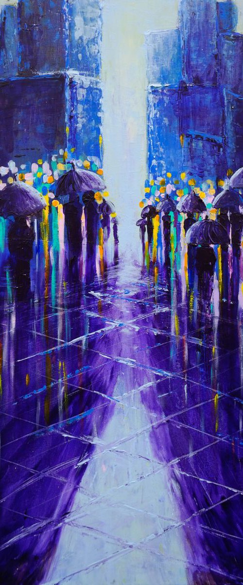 Rainy Streets - Rain Street Umbrellas Palette Knife Painting   Gift Home Decor by Danijela Dan