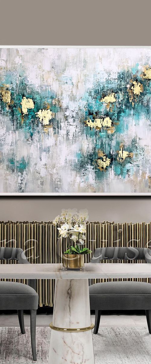 Mint Veil - Abstract Painting 60" x 40" Large Abstract Gold Leaf Soft Colors White Gray Painting by Lana Guise