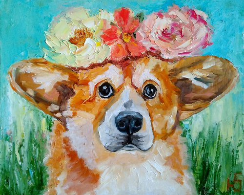 Summer mood, Corgi Painting Original Art Dog Artwork Pet Portrait Floral Wall Art by Yulia Berseneva