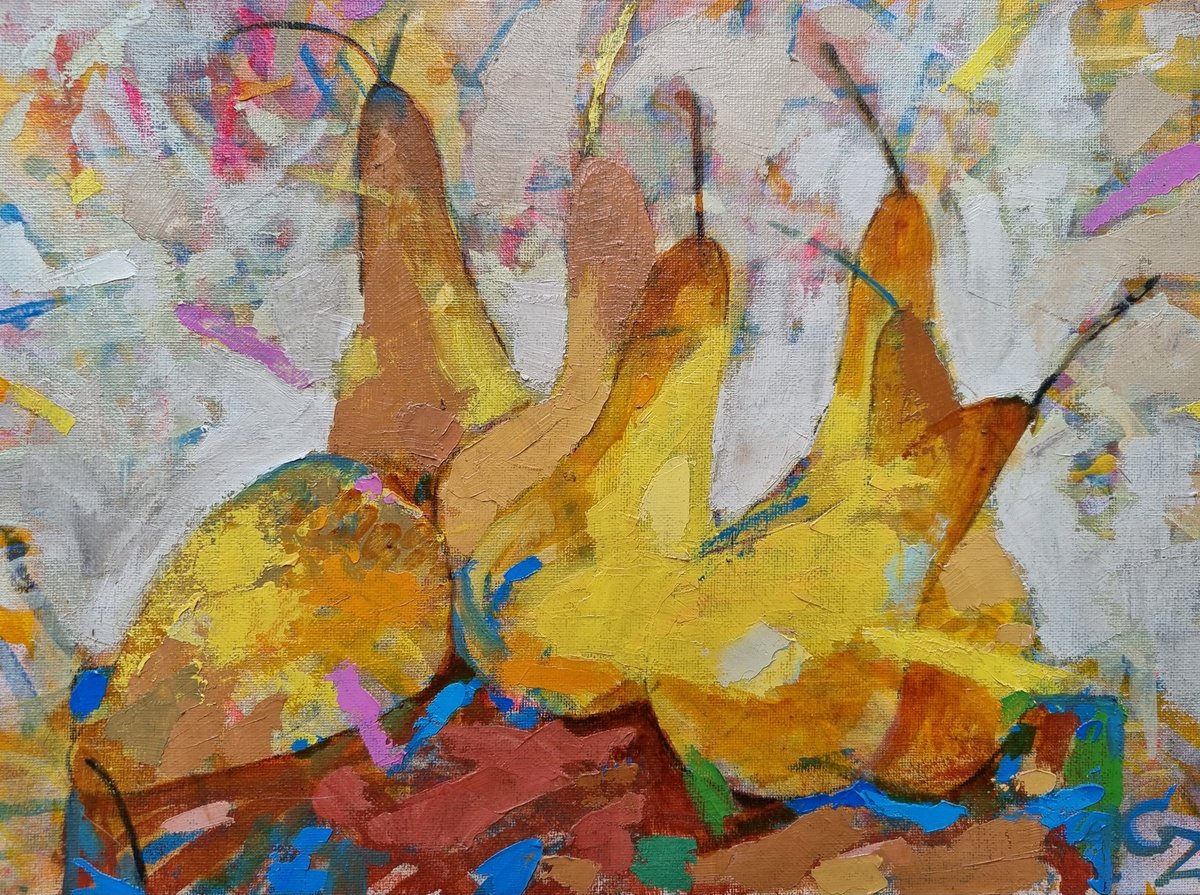 Impressionistic Still Life Oil Painting By Victoria Cozmolici, 16 X 12", Pears, Original Artwork