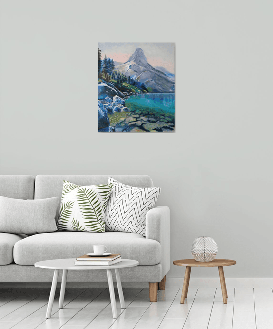 Blue lake - oil painting with mountains and lake