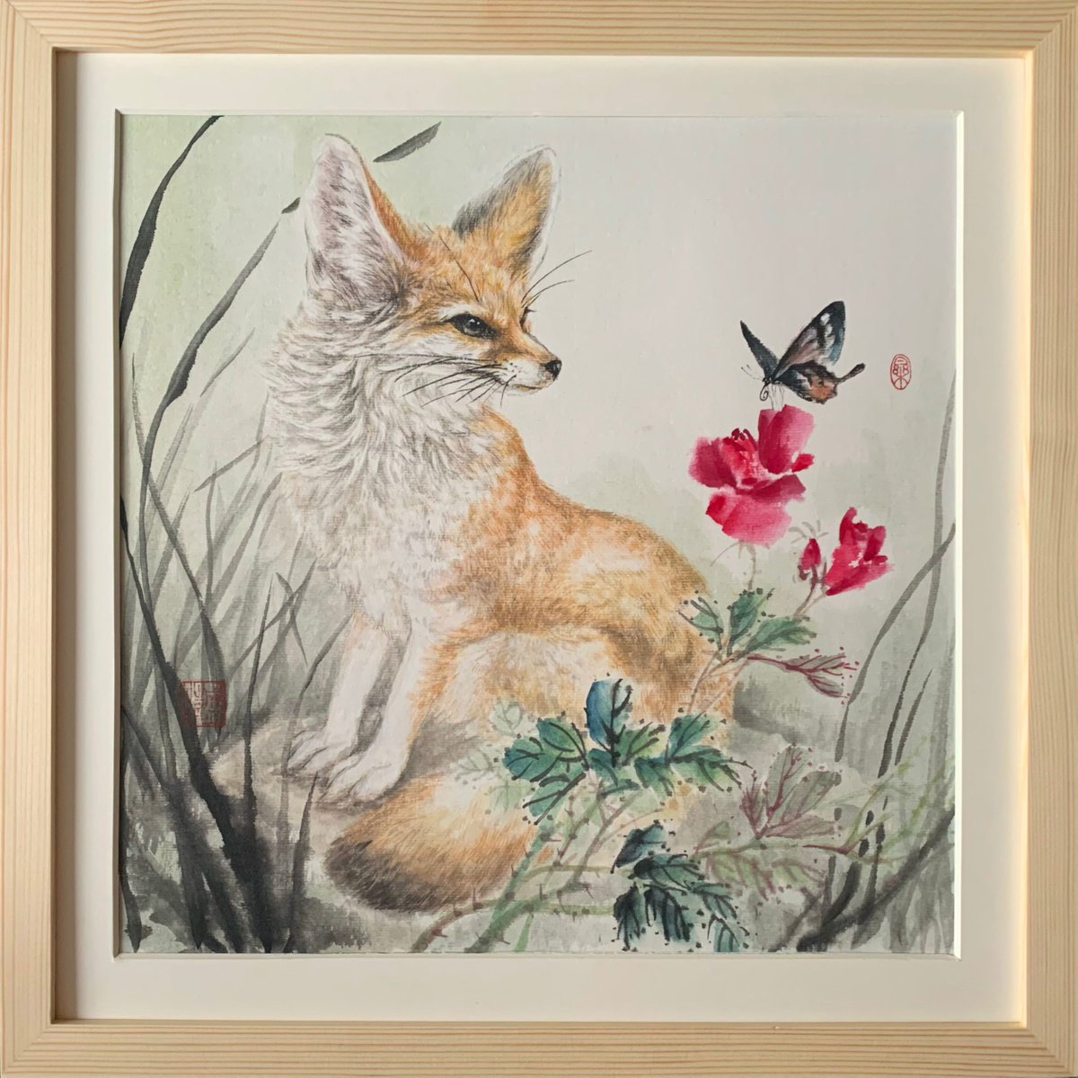 Original Ink Brush Painting, Framed Wall Art, Fennec Fox & Roses by Fiona Sheng