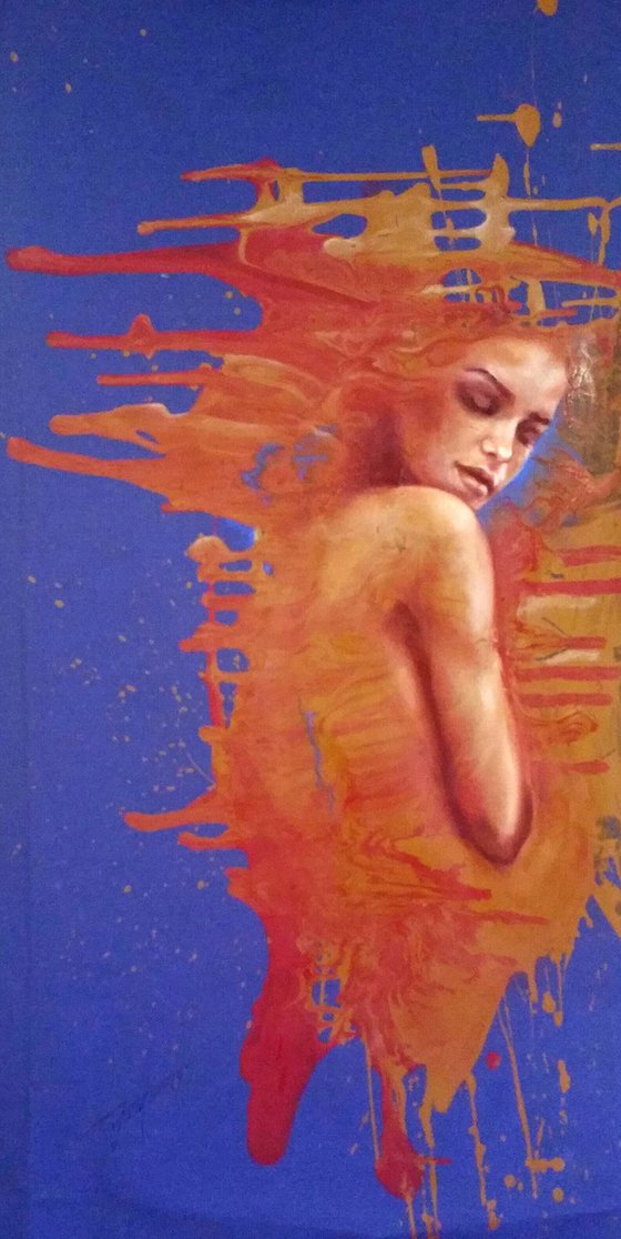 "Promethea" 40x80x2cm, original oil and acrylic large painting on fabric.Ready to hang.