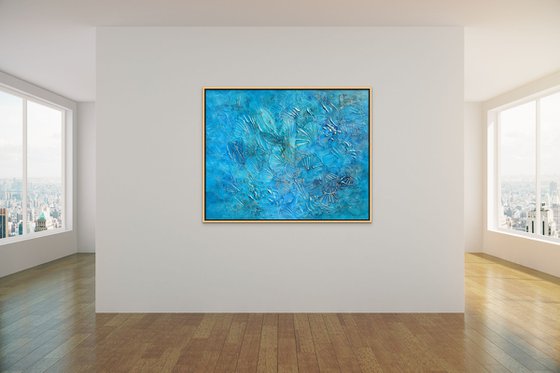 TROPICAL VIBES. Abstract Blue, Teal, Turquoise, Gold Textured Coastal Large Painting