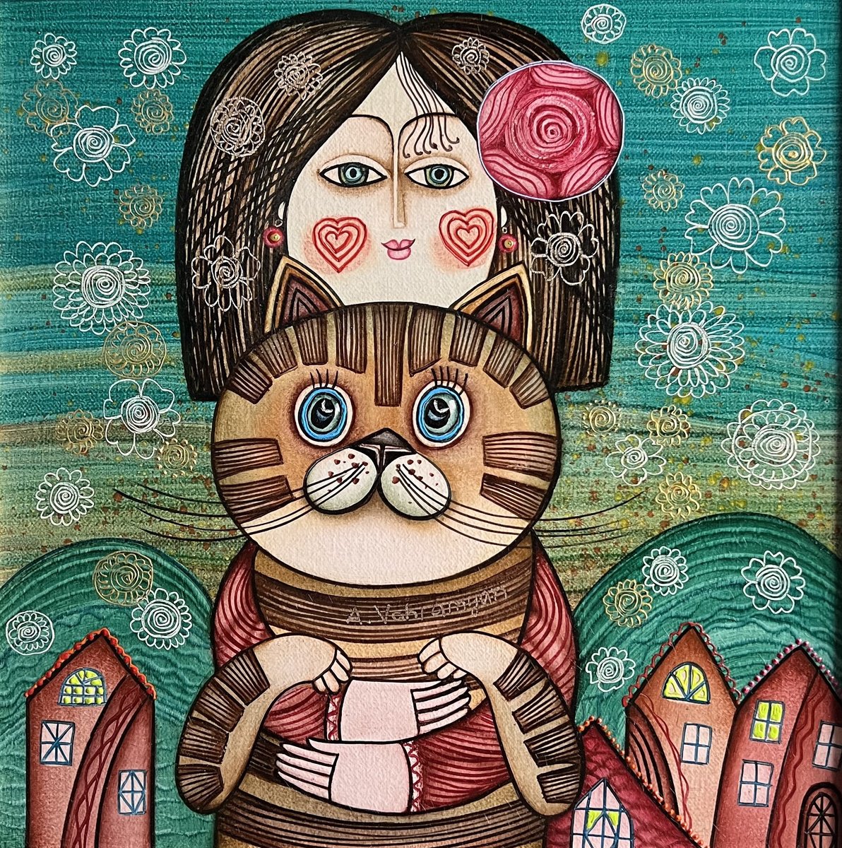 Naive Portrait Oil Painting By Armen Vahramyan, 16 X 16, Playful Companionship, Original Artwork