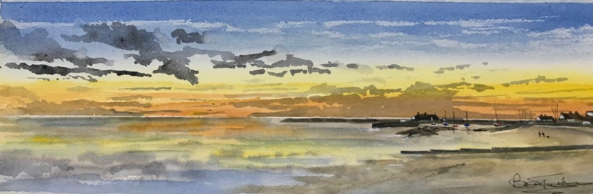 Expressive Landscape Watercolour By Brian Tucker, 18 X 6, Calm Evening At Lyme Regis, Original Artwork