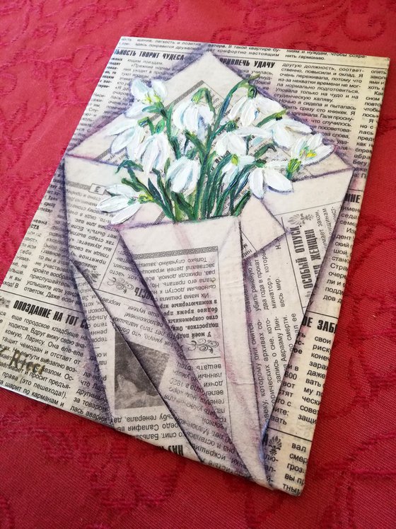 "Snowdrops in Newspaper Bag" Original Oil on Canvas Board Painting 7 by 10 inches (18x24 cm)