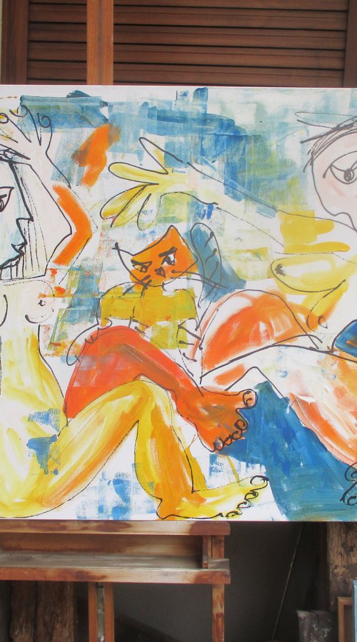 girls with cats xl Acrylpainting 31,4 x 47,3 inch by Sonja Zeltner-Müller