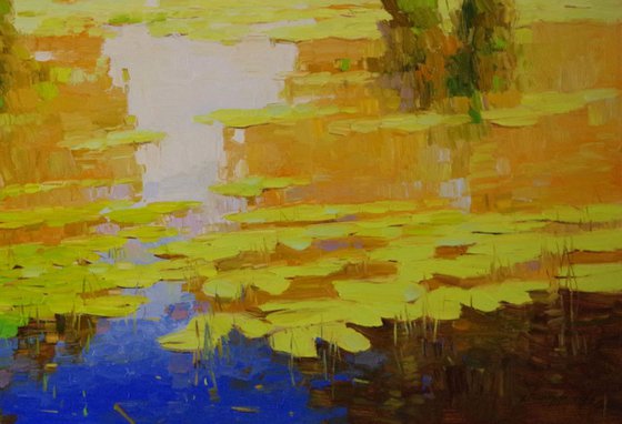Water lilies - Autumn Palette Original oil Painting Handmade artwork One of a Kind Large Size