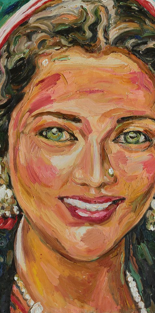 GIRL IN A RED SCARF - portrait of an Indian girl, original painting oil on canvas, smile eyes face love beauty by Karakhan