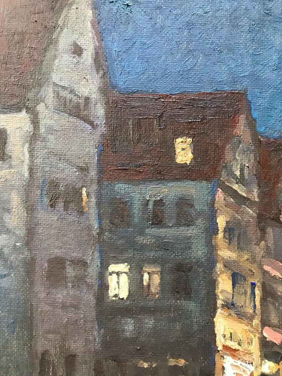 Original Oil Painting Wall Art Signed unframed Hand Made Jixiang Dong Canvas 25cm × 20cm Cityscape One Night in Tübingen Small Impressionism Impasto