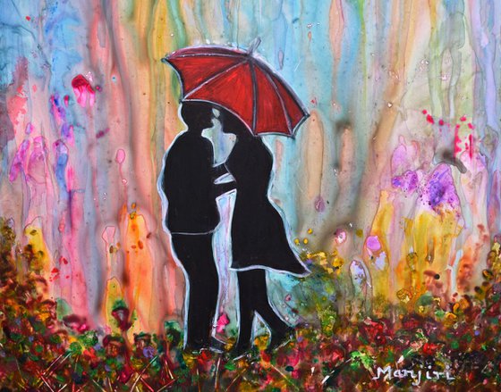 Couple On A Rainy Date Romantic Painting For Valentine